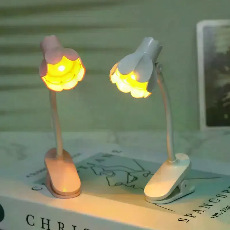 Shaped Clip On LED Reading Light Desk Lamp Mini Eye Protection Book Lamp Warm Soft Light For Dorm Bed Desk Study Decor Flower