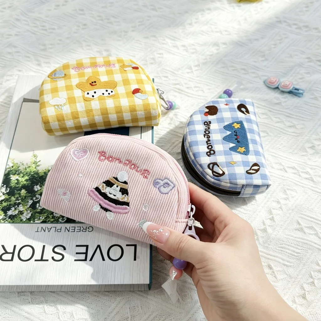 Cute Embroidered Shell Shape Cosmetic Bag Checkered Corduroy Small Storage Pouch for Daily Makeup Cards Headphones