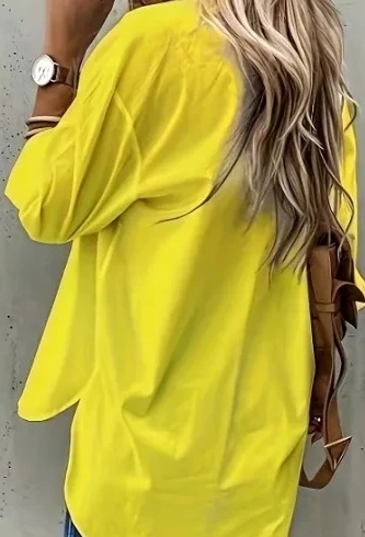 حجم كبير 1XL-5XL المرأة موضة التلبيب بلون قميص المرأة عادية جيب الديكور قميص بسيط قميص فضفاض بأكمام طويلة #5