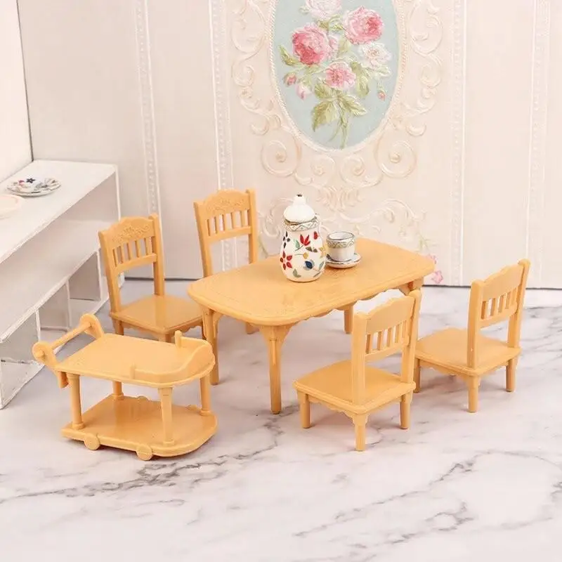 6 pz/set casa delle bambole in miniatura carrello per alimenti tavolo e sedia modello in plastica casa delle bambole mobili decorazioni per la casa accessori giocattolo-giocattolo
