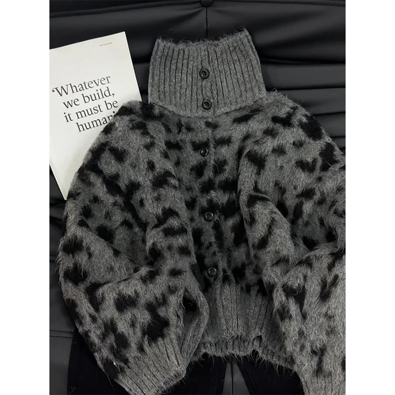 

Женский вязаный кардиган с леопардовым принтом Y2K Harajuku, свитер с длинными рукавами, верхняя одежда, корейский трикотаж, зимняя мода, повседневные джемперы