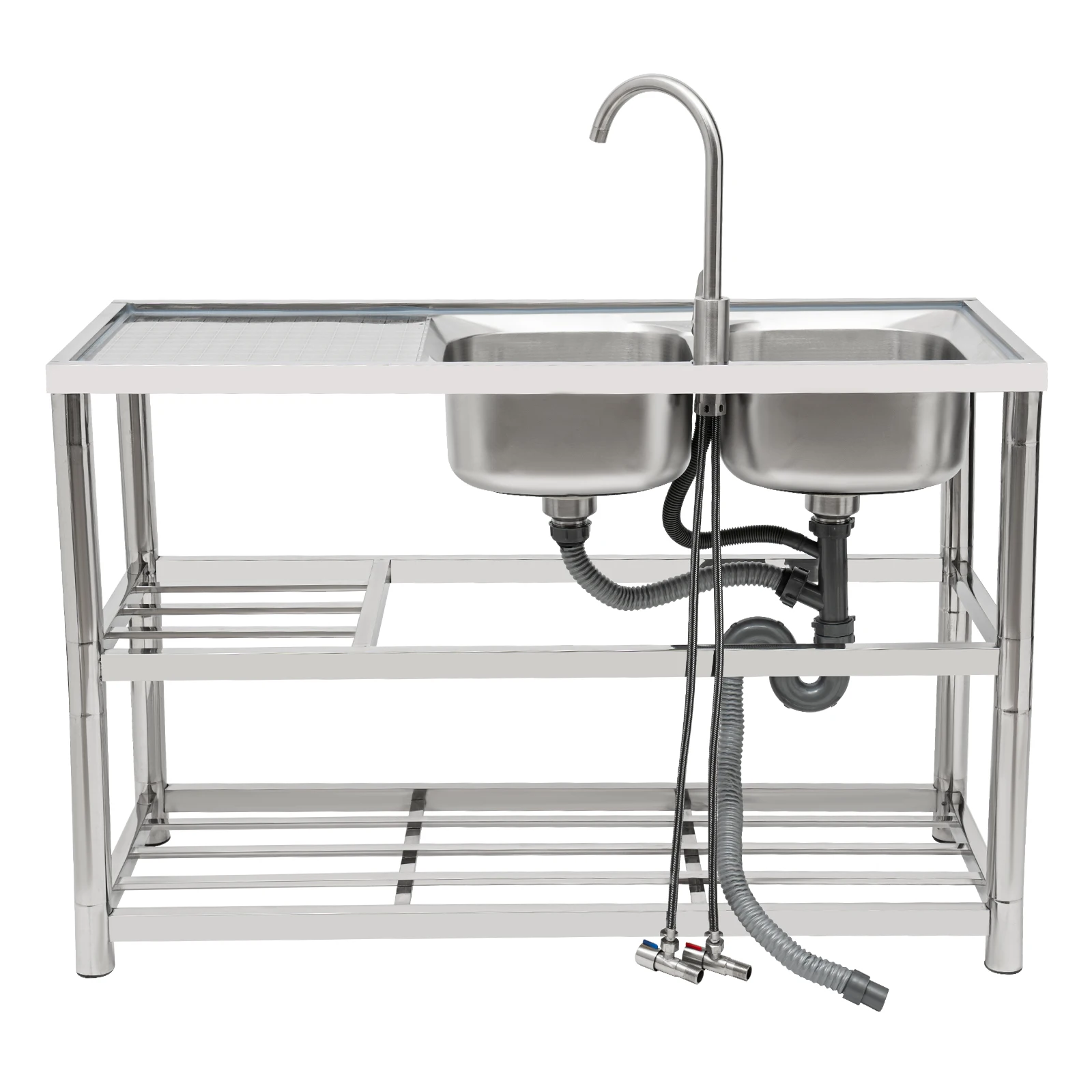 Free Standing Stainless Steel Kitchen Sink Dual Bowl with 360° Rotatable Faucet Strong Bearing Capacity