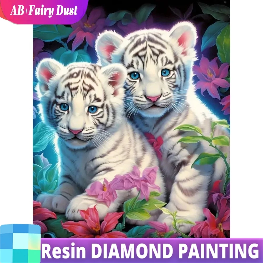 Peinture diamant thème tigre, poussière féerique en résine AB, mosaïque complète de diamants carrés et ronds, fleur, Art, décoration de la maison, Kit artisanal