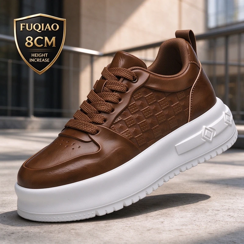 Retro Men Hidden Height Increasing Sneakers 8CM Elevator Shoes Chunky Thick Sole Wear Resistant Non Slip Casual Skate Shoes
