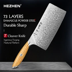 HEZHEN 7 Inch Cleaver Knife Chinese 73 Layers Damascus Steel Slice Knife Powder Steel Core Vegetable Knife Kitchen Tools