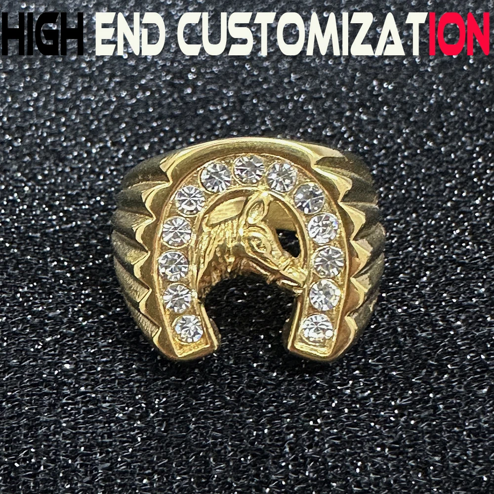 High end custom men\'s ring, luxurious diamond inlay, 18K gold-plated, exquisitely carved horse totem, hip-hop trendy decoration