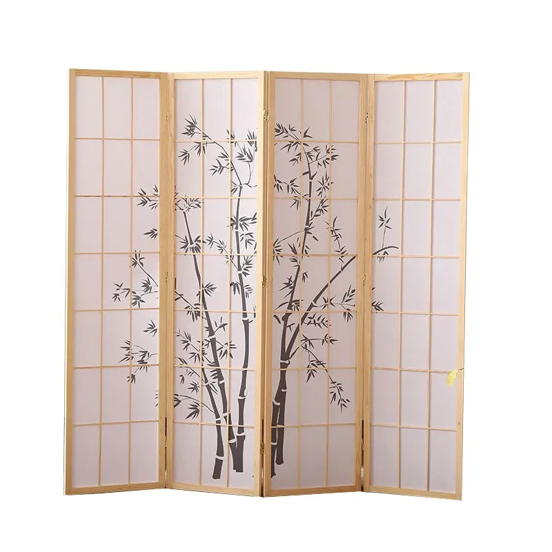 Solid wood Japanese screen folding mobile partition living room with baffle simple modern bamboo pattern wooden camphor grid