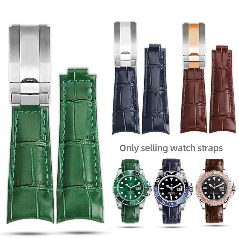 Curved End Watchbands For Rolex Strap GMT Daytona Submariner Slider Deployant Clasp Leather Original Style Bracelet 20mm green