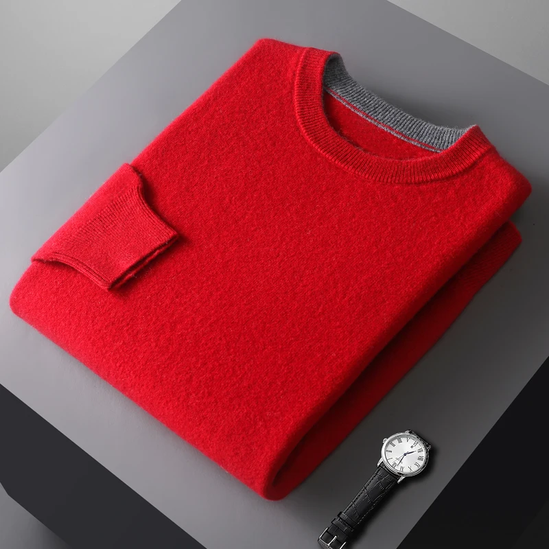 

100% Pure Wool Round Neck Knitted Sweater Autumn Winter Men's Clothing, Long Sleeved Knitted Pullover, Simple Basic Versatile