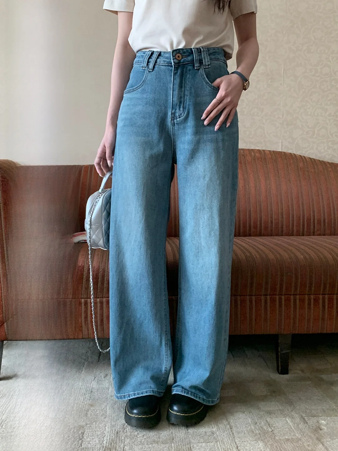 

Джинсы с высокой талией и прямыми штанинами для похудения, повседневные, универсальные, модные, в стиле ретро, джинсовые брюки для молодых женщин, весенняя коллекция