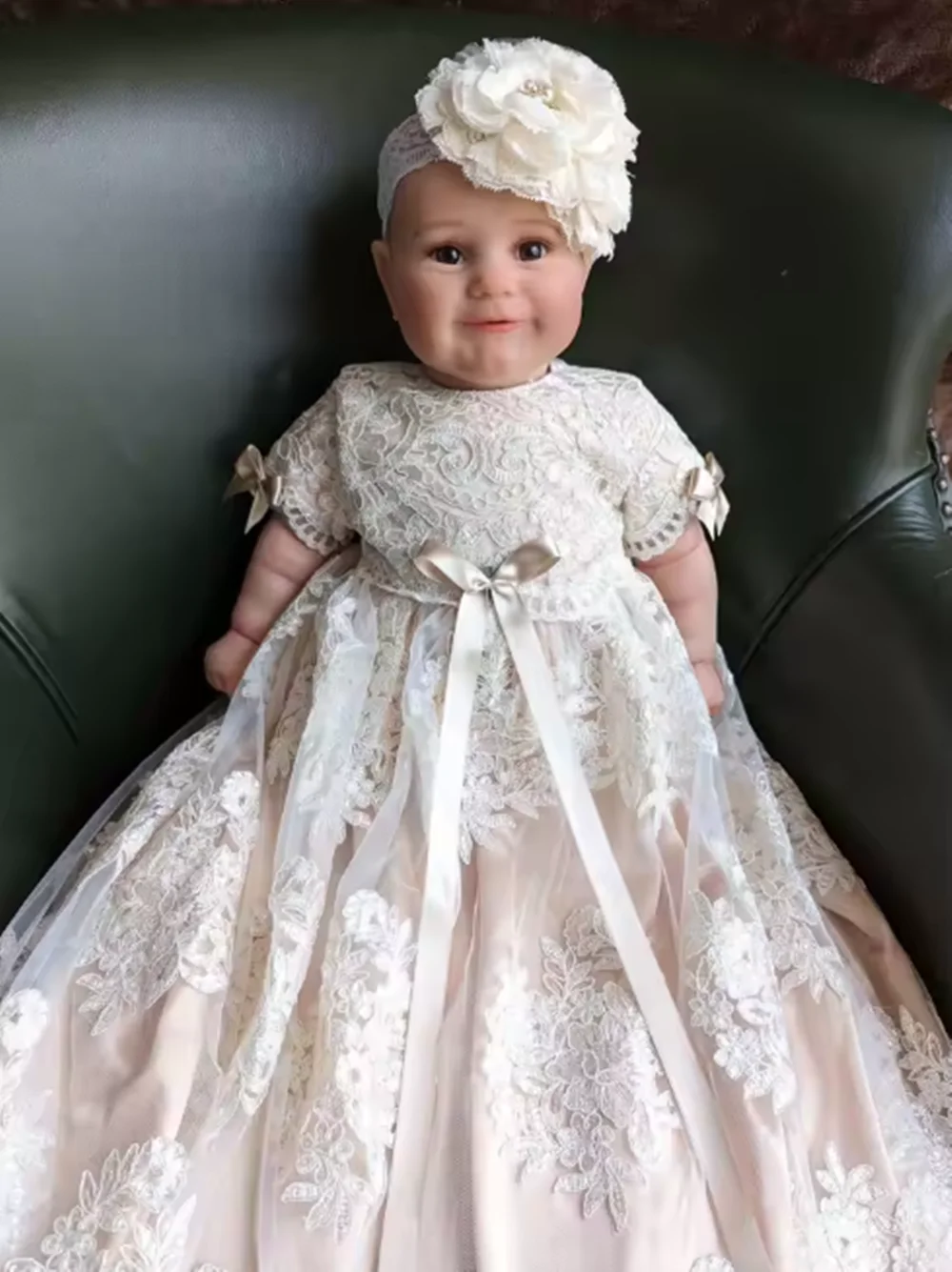 

Lace Christening Gown for Baby Girls Champagne Underneath First Communion Dress Toddler Infant Baptism Gowns