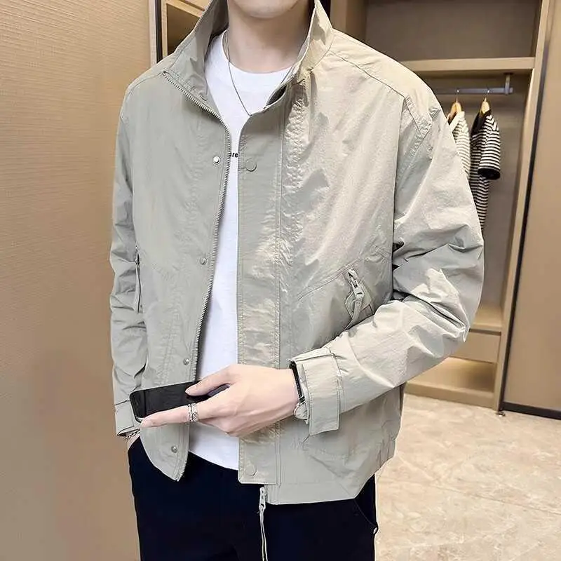 

Весна-осень 2024, мужская приталенная куртка с воротником-стойкой, тонкая модная универсальная цветная верхняя одежда, молодежная модная длинная све