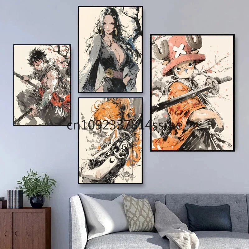 

Hot-blooded Anime One Piece Character Luffy Boa·Hancock Ink Poster Suitable for Home Bedroom Decoration Vintage Canvas Painting
