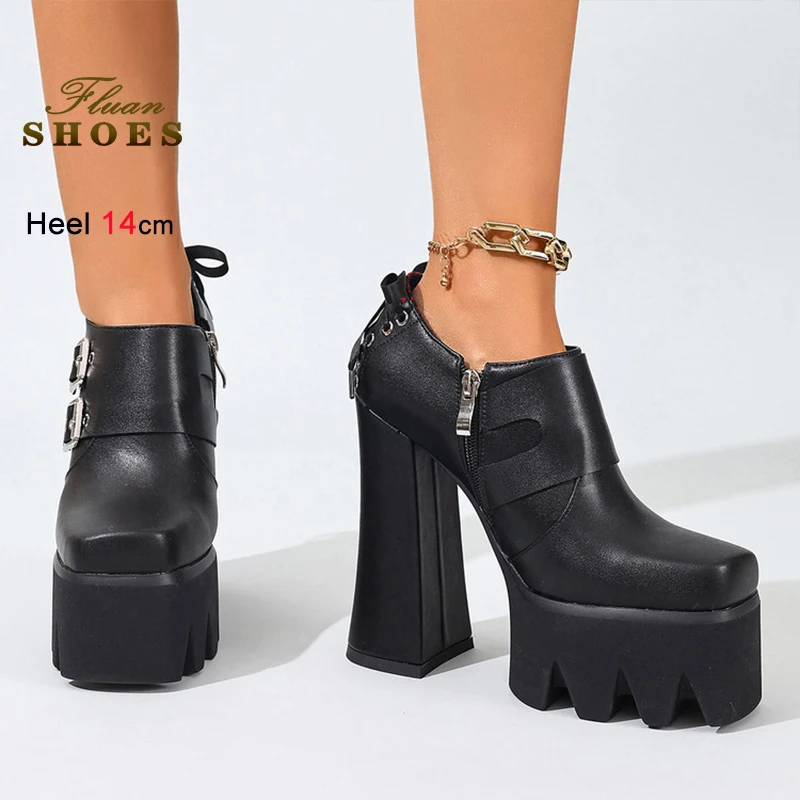 

2026 Spring Autumn Black Women's Shoes Thick Heels 14cm Side Zipper Shallow Mouth Ladies Pumps Back Lace Up Daily Casual Shoes