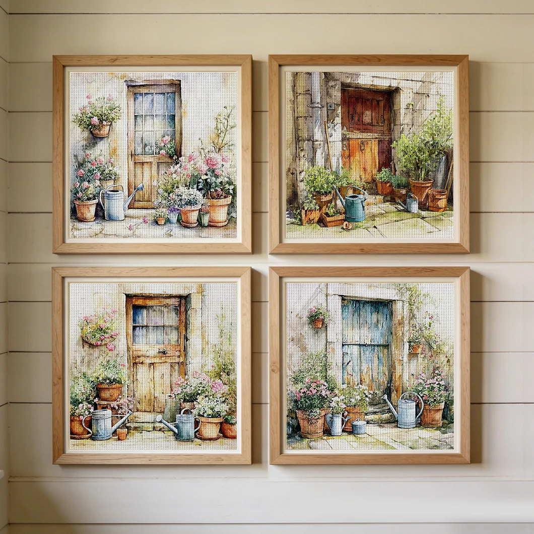 1 Stück 36x36cm/14,17x14,17 Zoll, 11CT Druck-Kreuzstich-DIY-Set, Rustikaler Tür-Blumentopf, Entspannendes Kreuzstich-Set für Erwachsene Anfänger