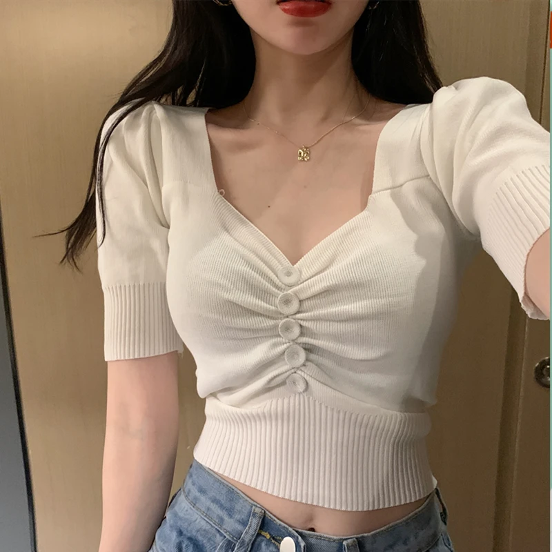 

Women's Short Sleeve Knit Top with Button Front Sweetheart Neck Sweater Summer Office Lady Knitwear Korean Chic Elegant Outfit