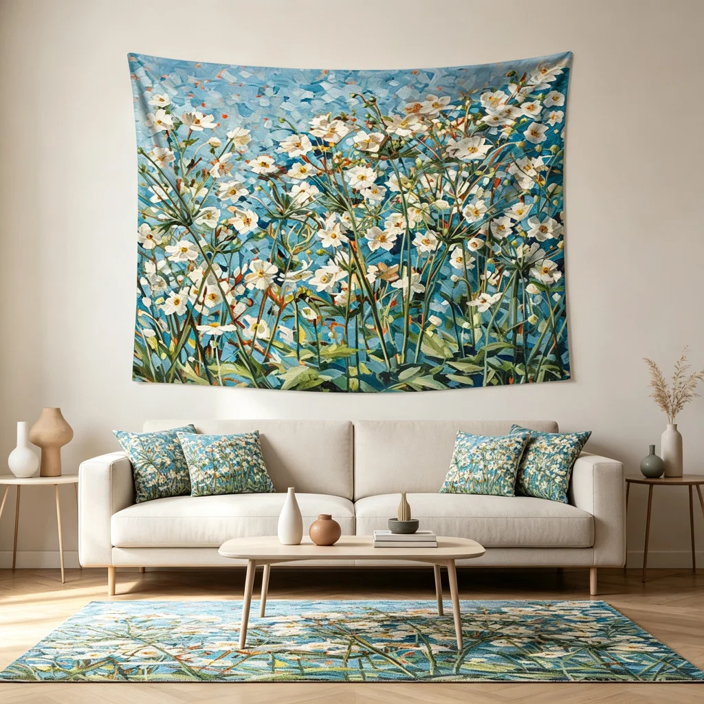 1PC Daisy Field Oil Painting Art Print Backdrop Banner, Bedroom Living Room Photo Background, Polyester, Home Decor, Wall Art
