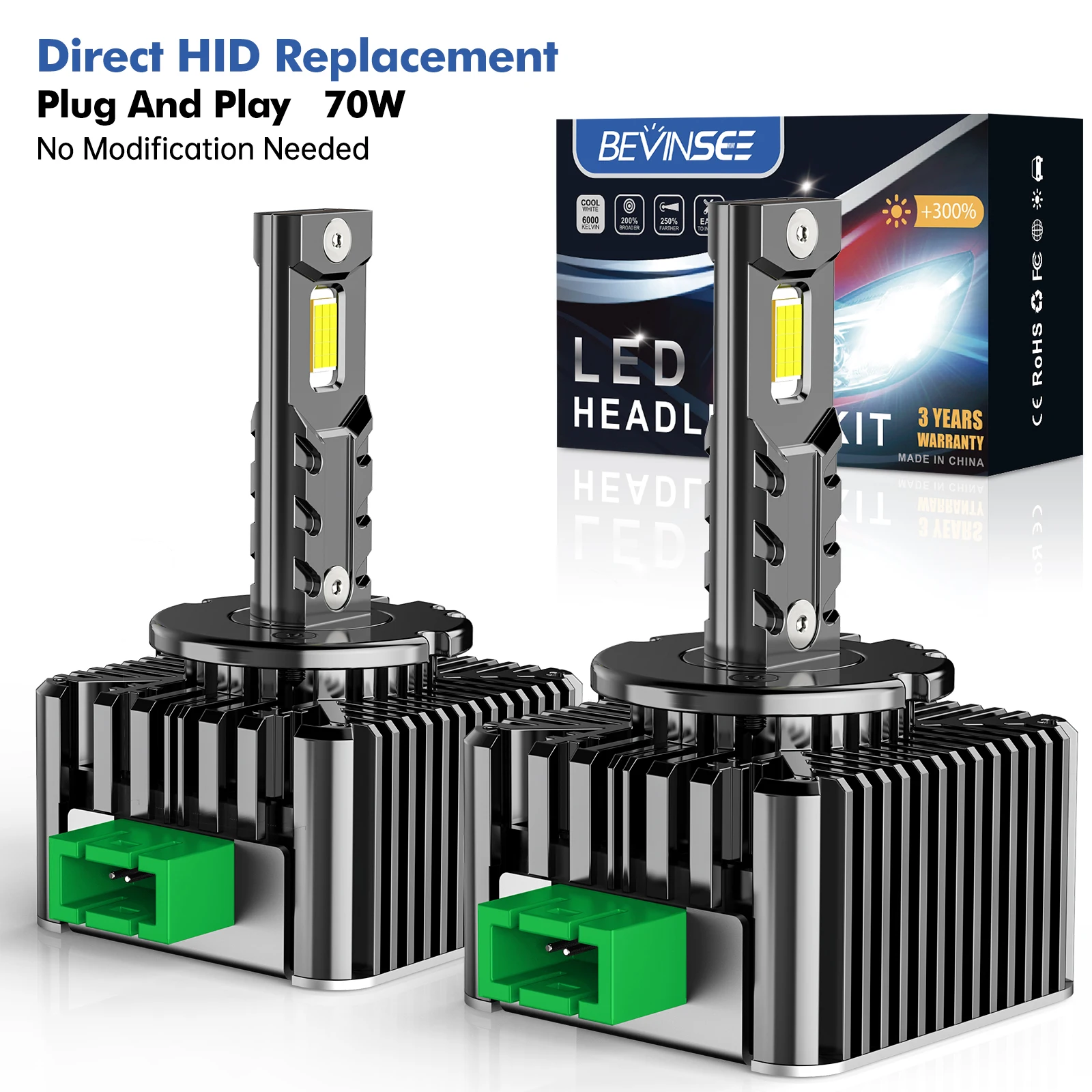 

BEVINSEE D3S D1S LED Canbus D1R D2S D2R D3R D5S Лампа для фар 70 Вт 7000LM Супер яркий ксеноновый комплект для замены HID 6000 К Белый 12 В