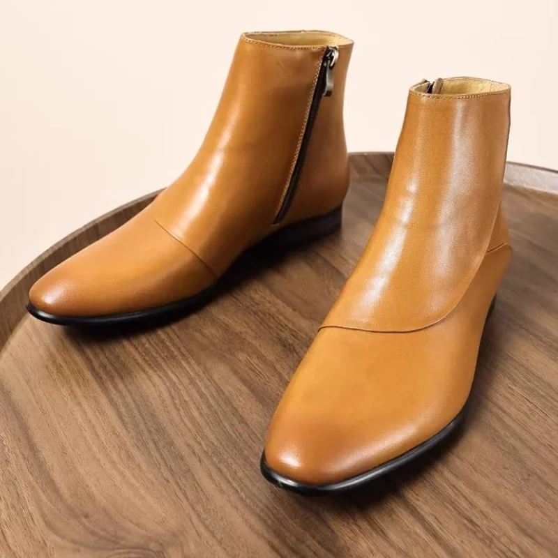 

Autumn Winter New Style Fur Lining Warm Shoes Men Real Leather Chelsea Boots Men's Zipper Pointed Leather Boots