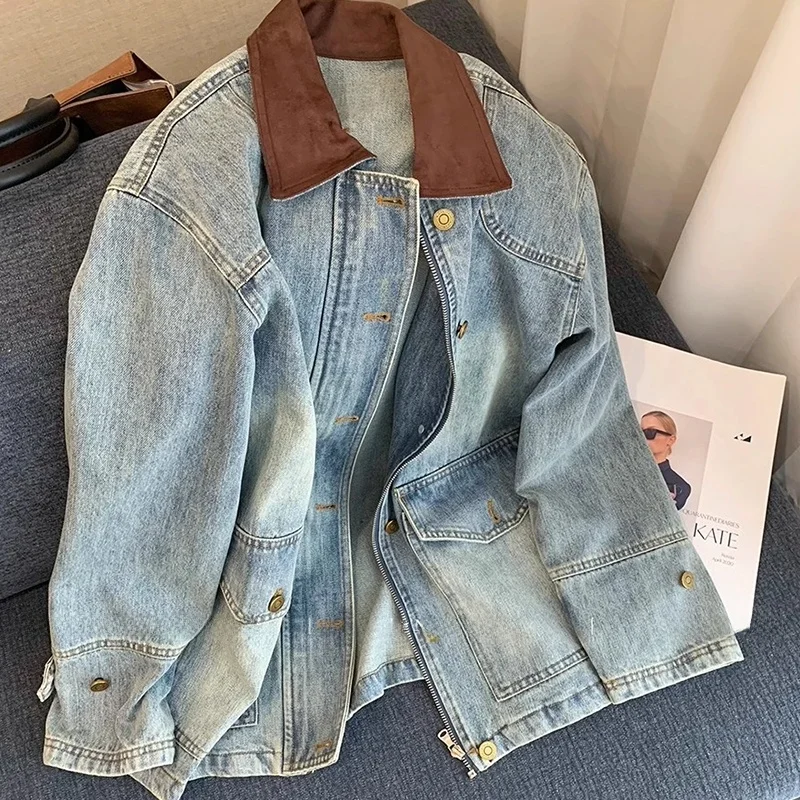 

Женское джинсовое джинсовое пальто средней длины с воротником Waed синего цвета в стиле ретро, повседневный дизайн, винтажное длинное пальто све