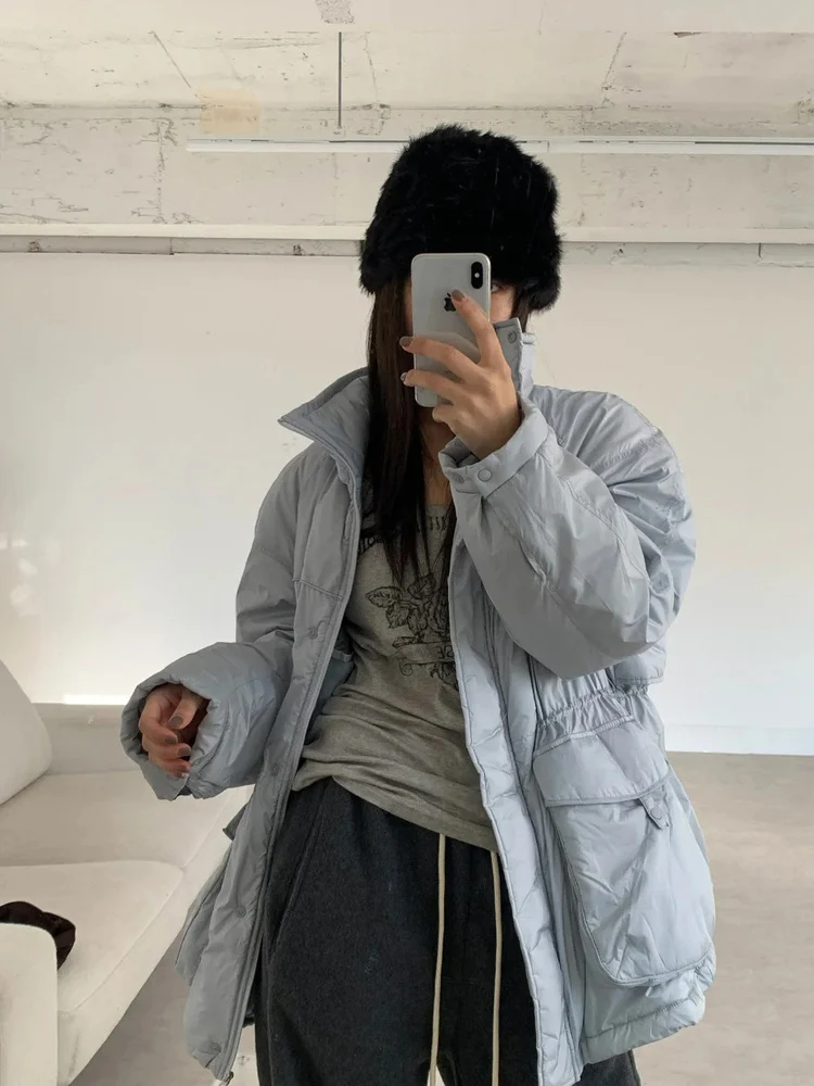 سترة منتفخة بغطاء للرأس كبيرة الحجم للنساء من Warmth بياقة واقفة مع أغطية كبيرة كاجوال Sle Thiened Duc...