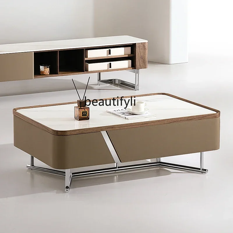 54Creative rectangular coffee table TV cabinet set modern simple light luxury home saddle leather walnut colorSSS