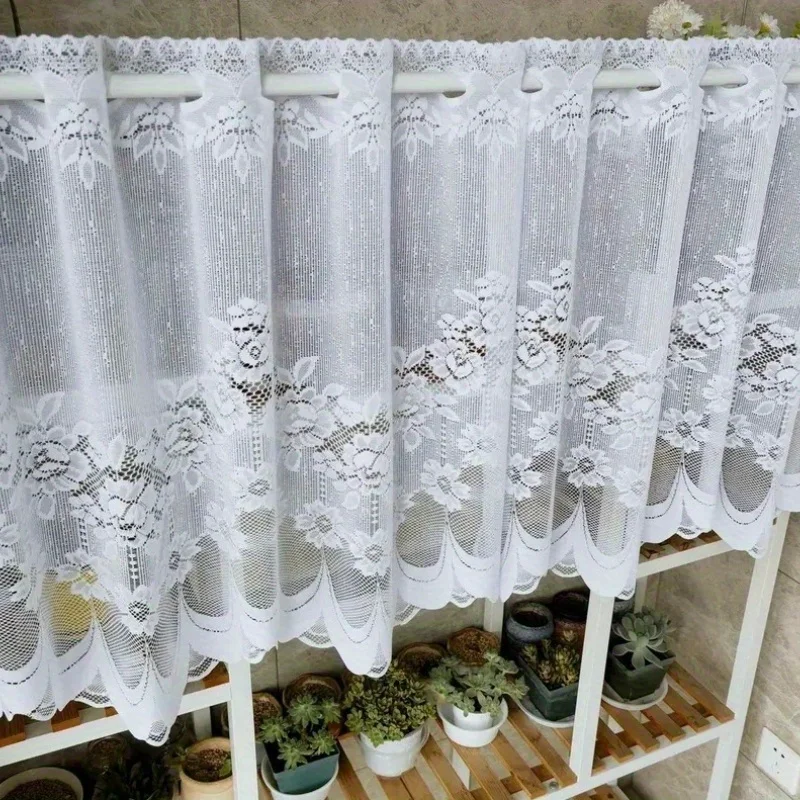White lace chiffon curtains Floral pole pocket curtains with ruffles, semi-transparent and light-blocking, suitable for kitchens