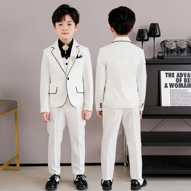 

Children's Formal White Suit Set British Handsome Boy Host Dress Piano Catwalk Wedding Party Costume Kids Tuxedo Pants Bowtie