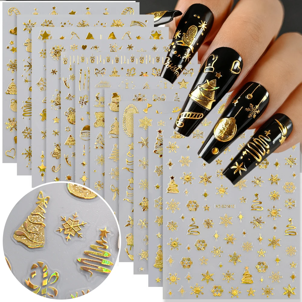 12 adesivi per unghie con fiocco di neve in oro laser con glitter champagne Babbo Natale/albero di Natale/alce decalcomanie per unghie accessorio a tema invernale