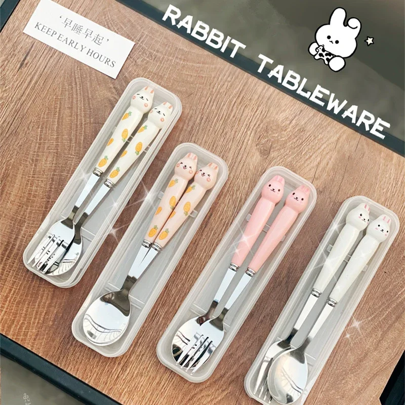 Cutlery Cartoon Rabbit Spoon Fork Chopsticks Sets Portable Lunch Tableware Stainless Steel Travel Dinnerware Kitchen Supplies