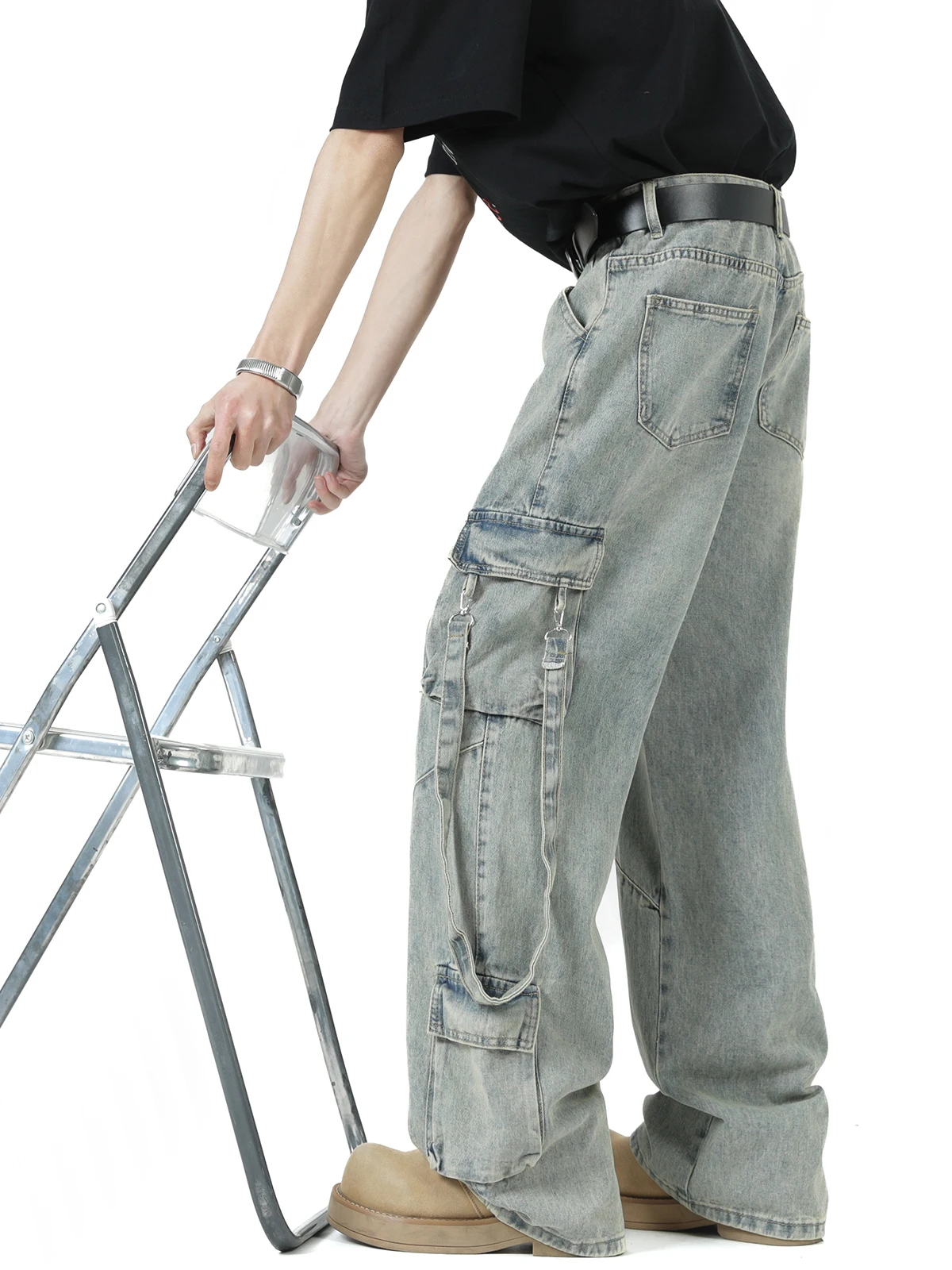 Summer Men's Workwear Jeans Straight Leg Wide Leg Pants Waed Design Street Sle Retro Loose Fit Trousers