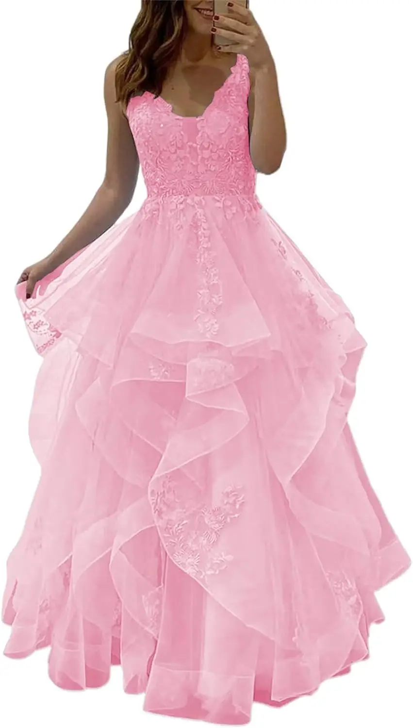 Abiti da ballo lunghi soffici in tulle Abiti da ballo principessa a strati con volant con applicazioni di pizzo Abito da sera formale Manmuxi