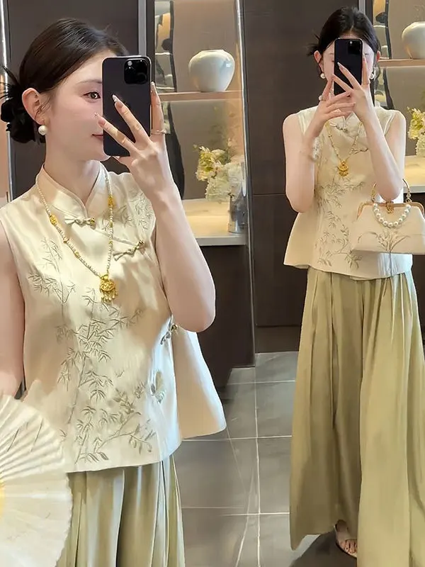 New Chinese Style Women's Summer Outfit Bamboo Leaf Print Button up Top And Pants Two-Piece Set Fashionable Traditional Print