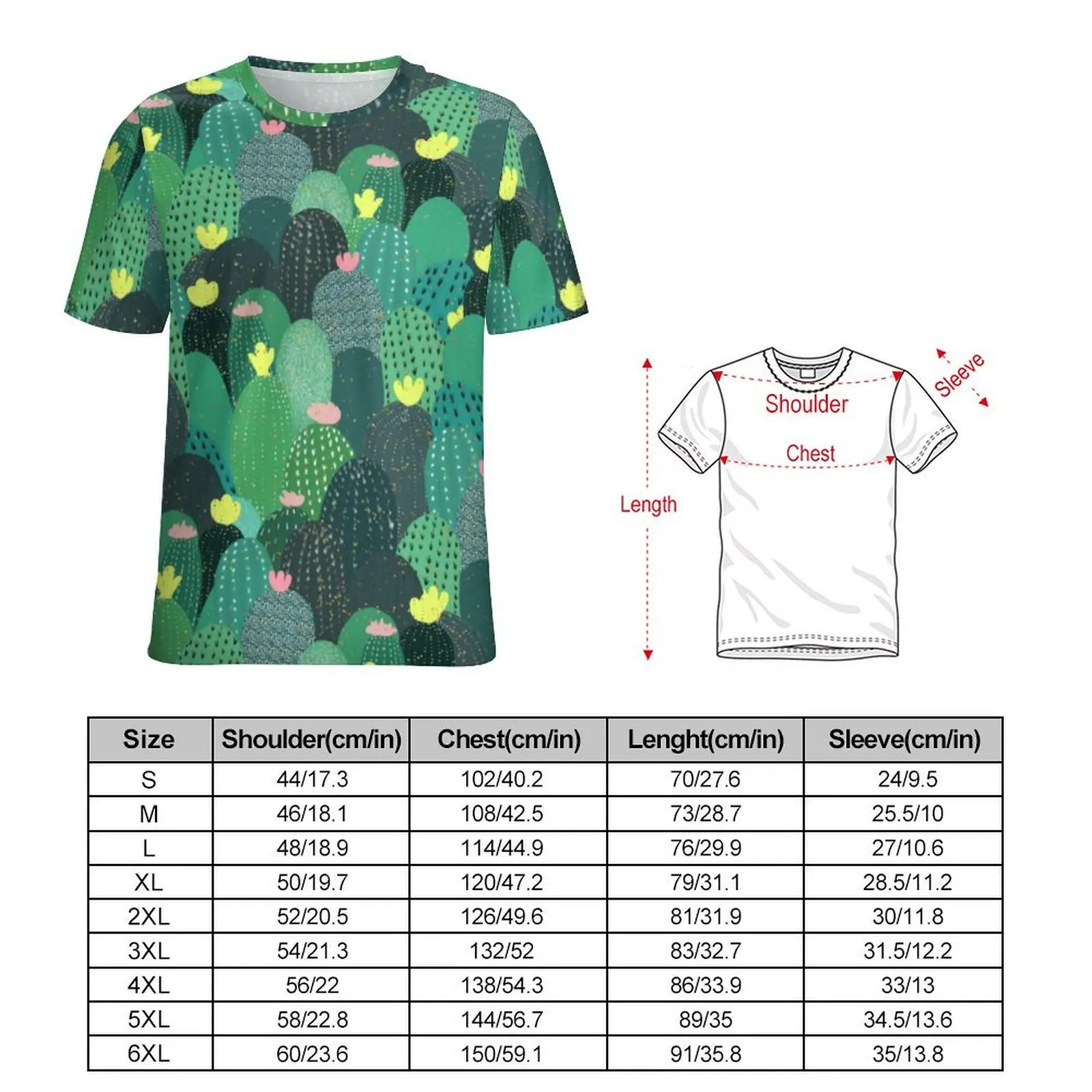 Summer T-Shirt Tropical Print T-Shirts Green Teal Cactus Basic Cool Tees For Man Short Sleeve Custom Oversized Clothing