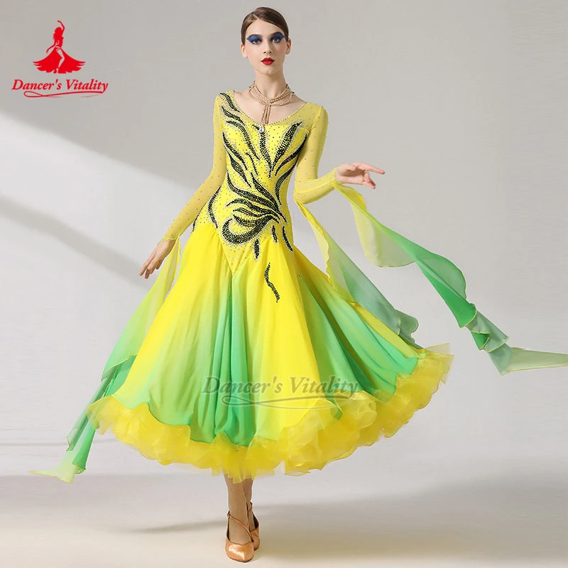 Adult Ballroom Dance Yellow-green Gradient Color Long Sleeves Dresses Female Tango Waltz Foxtrot Performance Outfit Customized