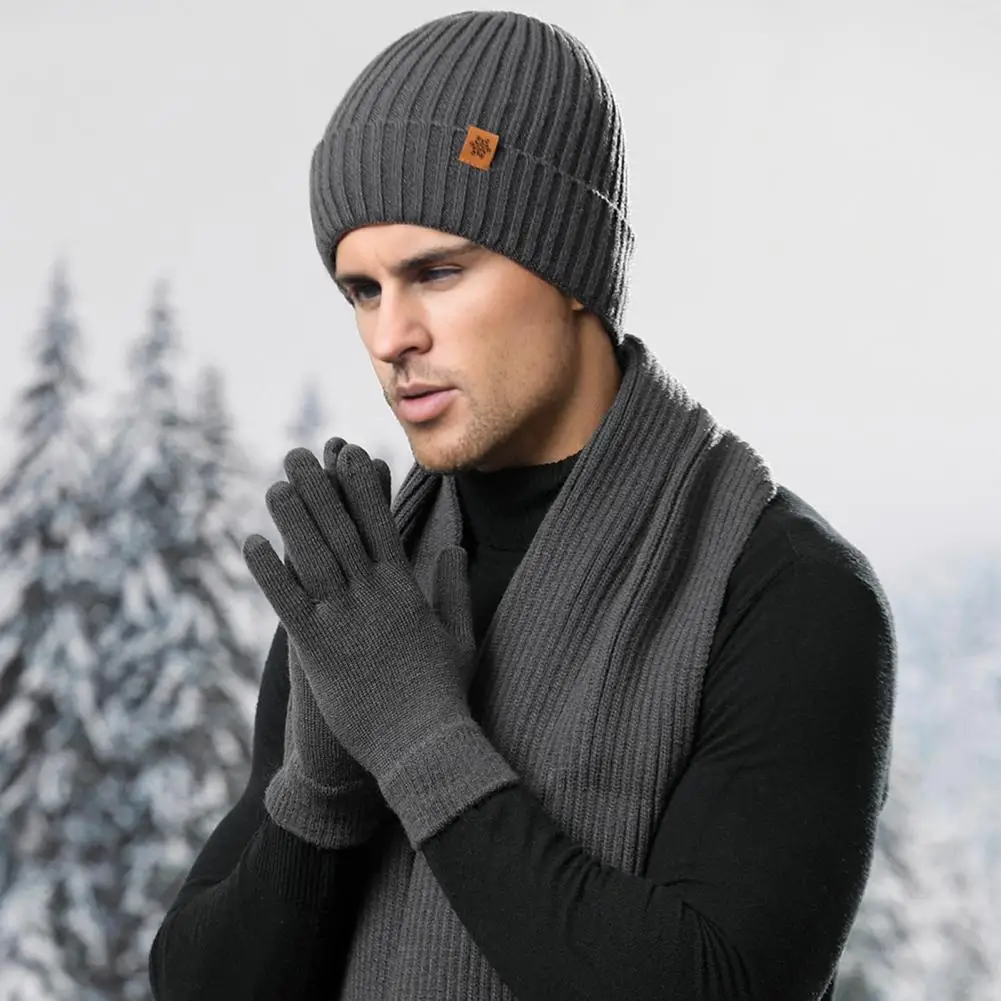 Soft Fluffy Wool Blend Scarf 3pcs Men Winter Hat Scarf Gloves Set with Plush Ball Weather Protection Scarf Touchscreen Ski