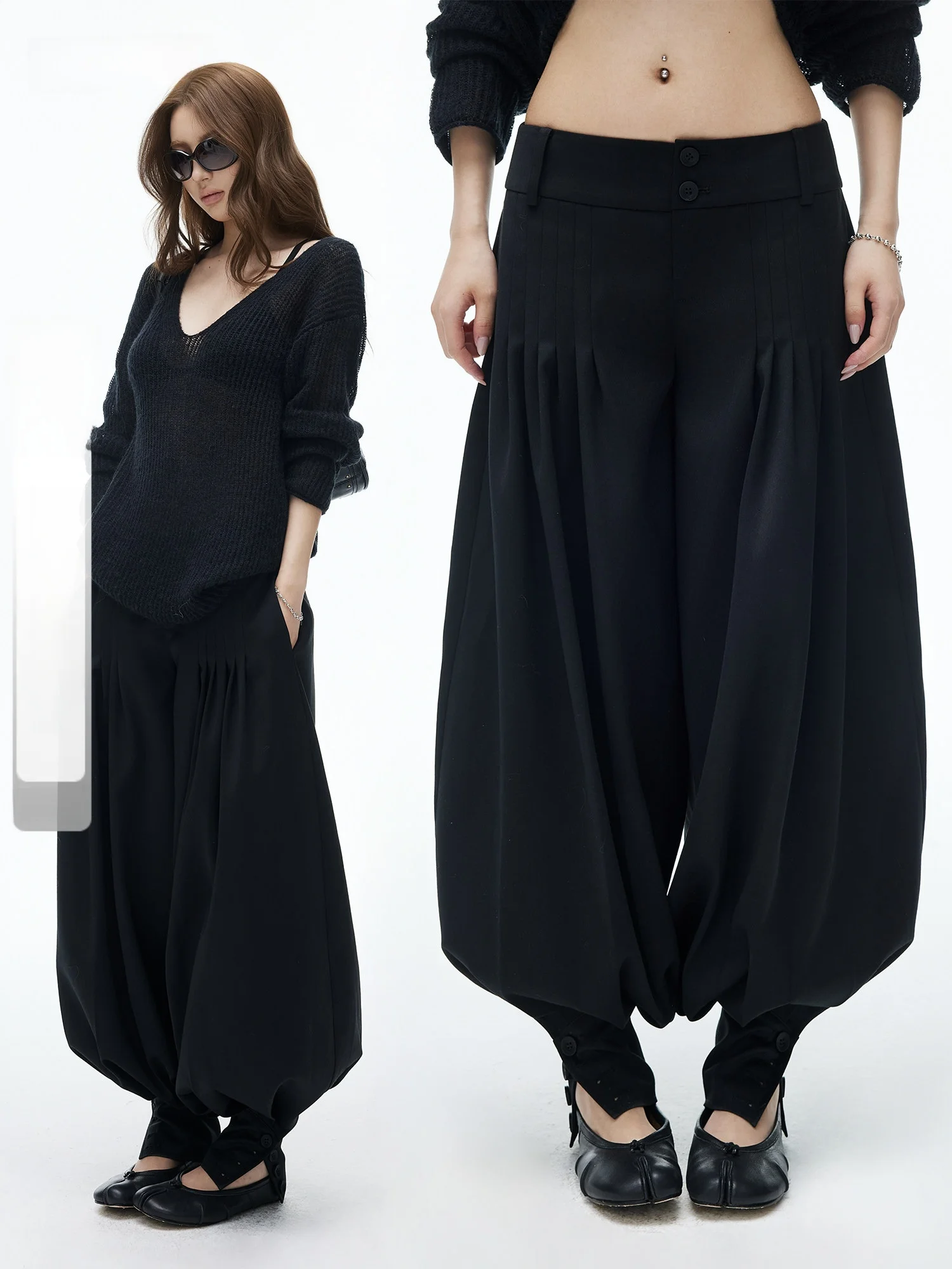 

Bla Heavy Embellied Wide Waist Pleated Cuffed Lazy Low Waist Loose 3D Lantern Pants Casual Sle Simple Pattern Polyester...