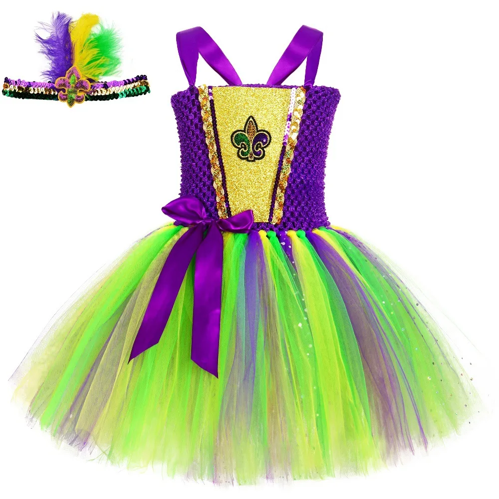 

Mardi Gras Costumes Outfit Girls Party Dresses Purple Green Yellow Tulle Dresses For Kids Carnival Festival Holiday Tutu Dress