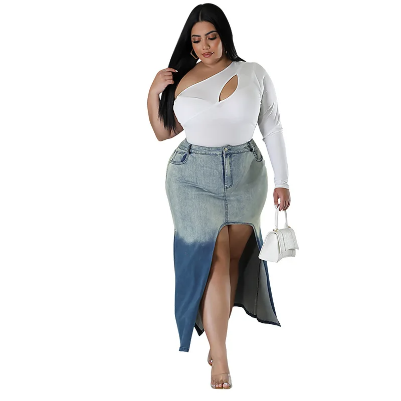 Wome Plus Size Denim Skirt Fashion Gradient Slit High Waisted Washed Lady Skirt Summer All Match Streetwear