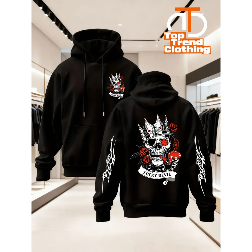 Men Lucky Devil Crown Skull Multi‑Print Hoodie Rose Poker Chip Sleeve Graphic Pullover Unisex Loose Fleece Lined Autumn Winter