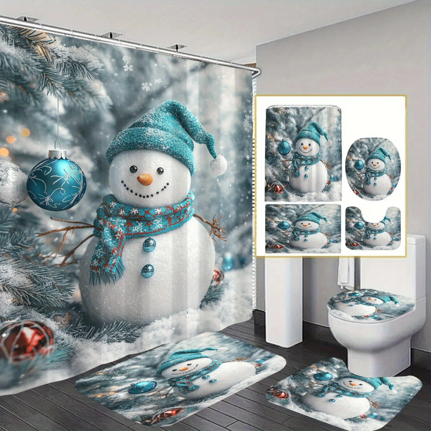 

4pcs Snowman-themed shower curtain 12 hooks for room, home, hotel, machine washable curtains, bathroom