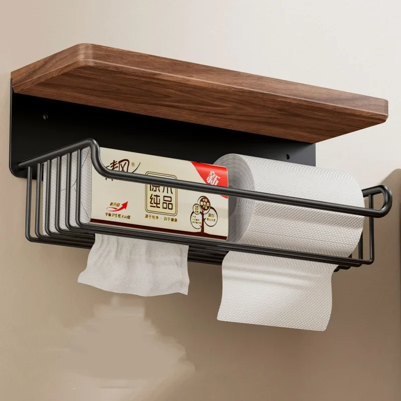 Wall Mounted Toilet Paper Holder with Storage Shelf, High Capacity Wooden Bathroom Tissue Rack