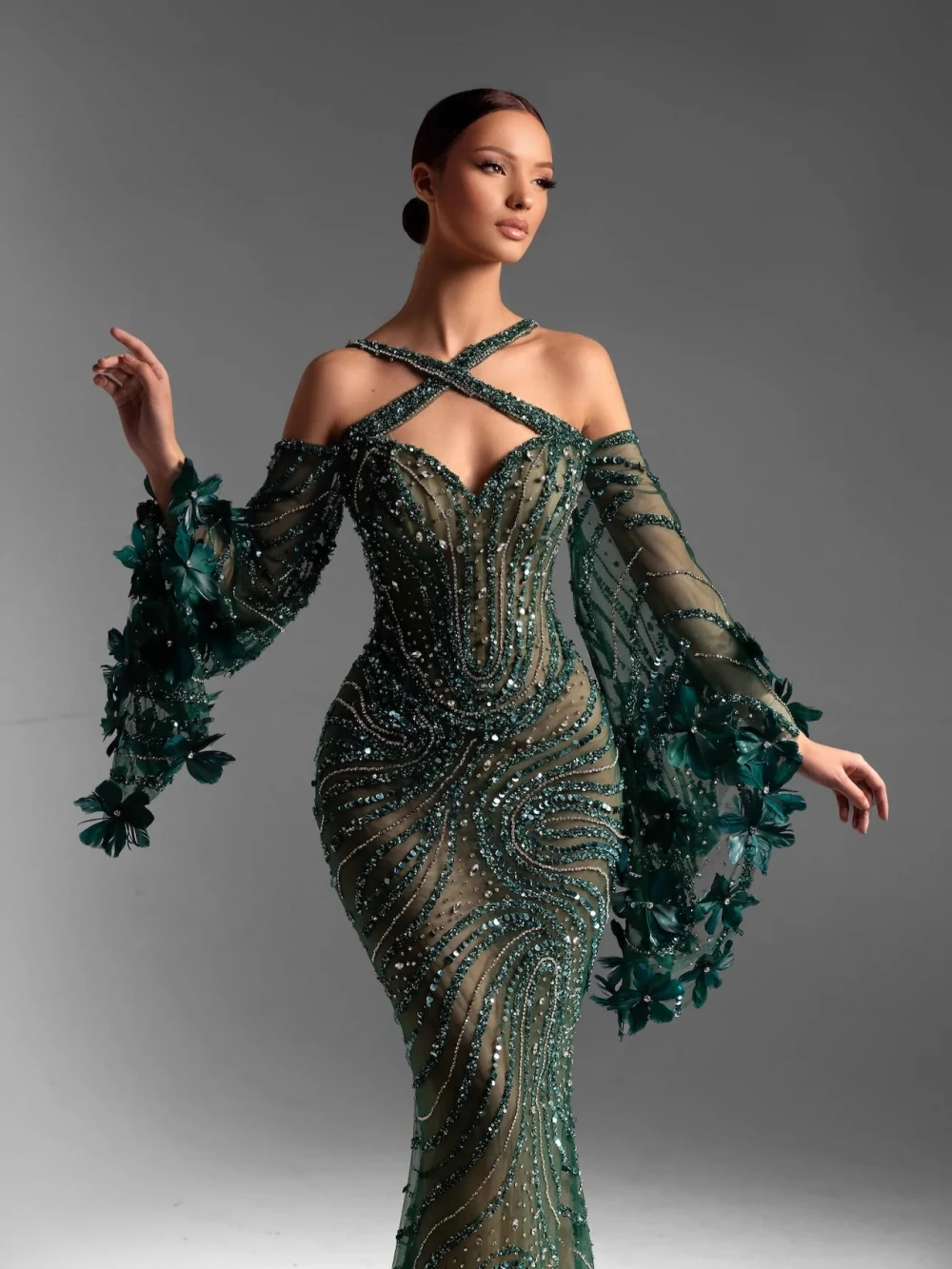 Dazzling Green Beaded Mermaid Evening Dress For Women Illusion Off Shoulder Wedding Party Gown Customized Graceful Prom Dresses