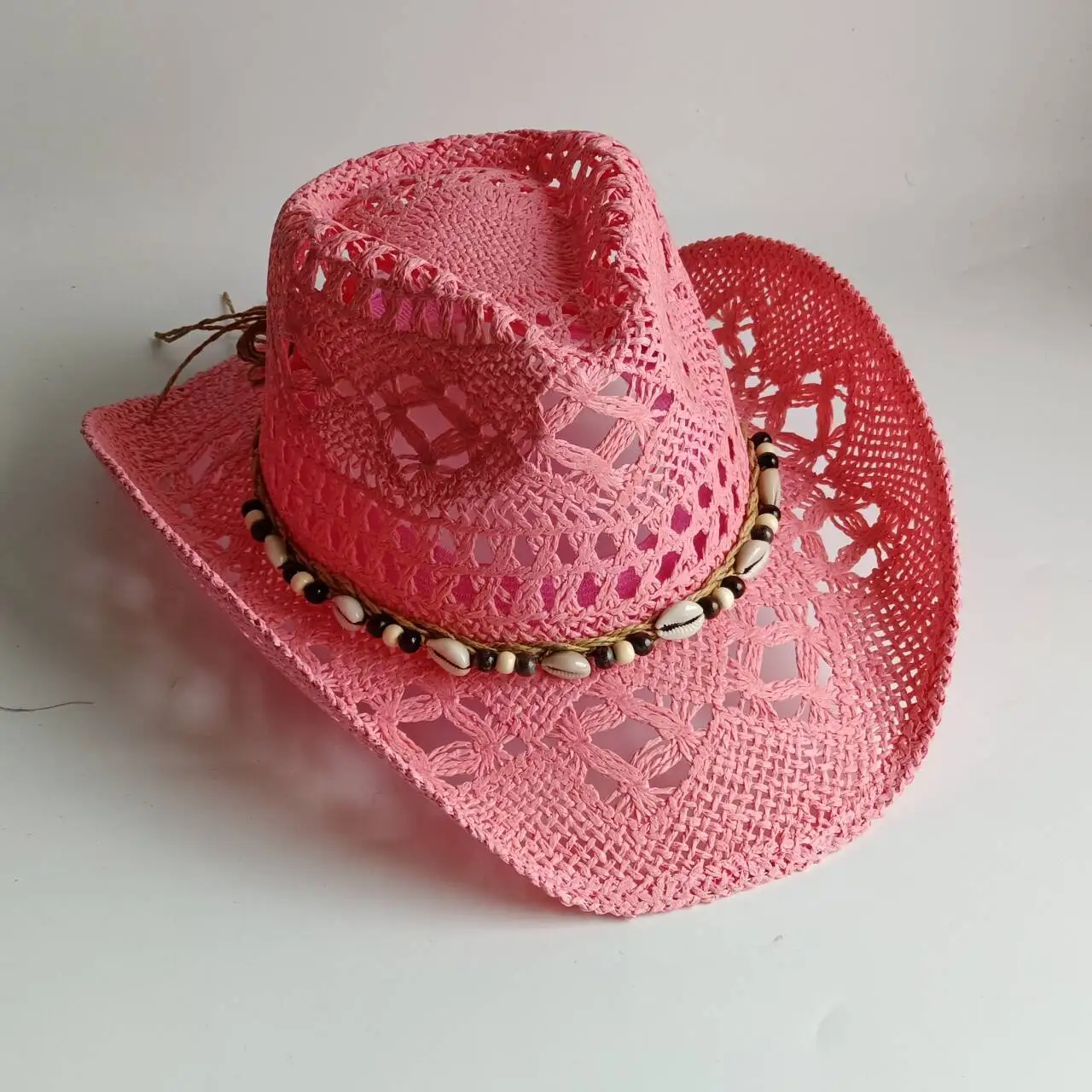 Pink Cowboy straw hat  hollow handmade cowboy straw hat men's summer outdoor travel beach hat unisex solid color  chapéu country