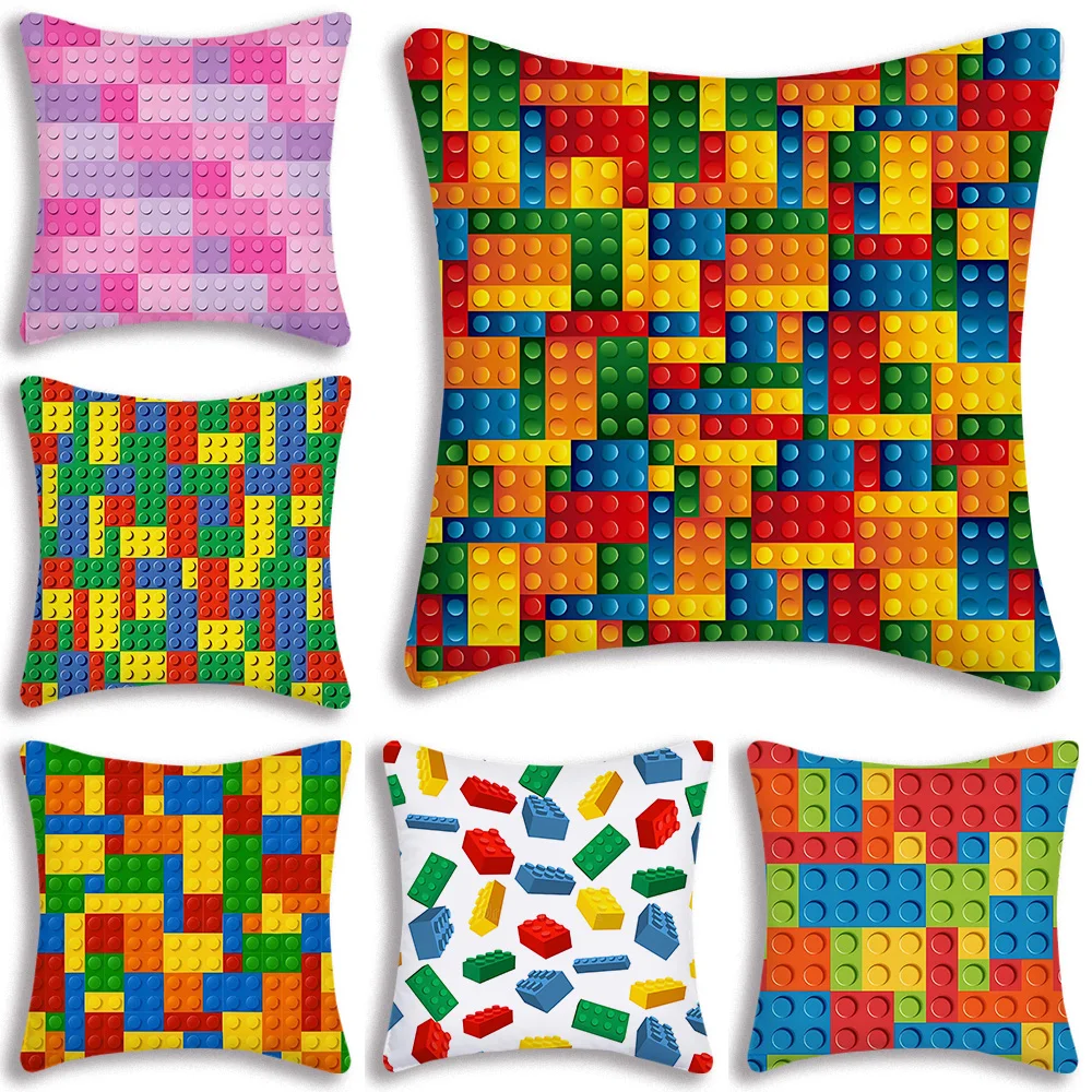 Building Blocks Deco Pillow Covers Cartoon Sofa Decorative Home Double-sided Printing Short Plush Cute Cushion Cover