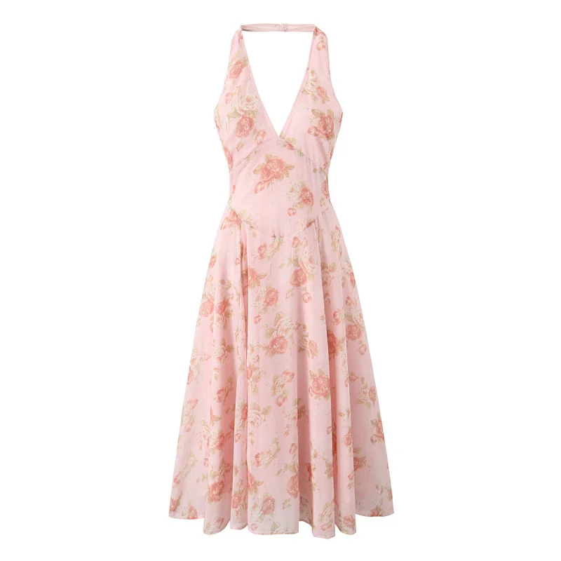 

2025 Best-Selling New Type Ins Style Slim Halter Midi Dress Sweet Printed Chic Backless Dress