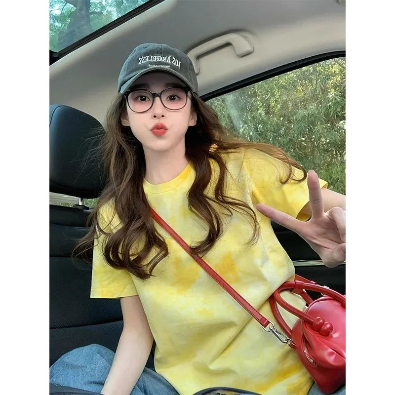 

Off Yellow adient Tie Dye ort Sve Women's T-irt Summer New Vintage oulder Size Small Top Faion Ladies' Tee