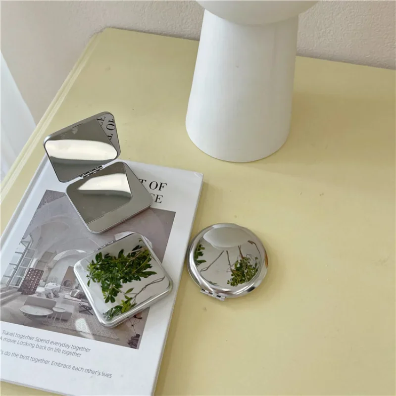 Ins Portable Simple Stainless Steel Double-sided Make Up Mirror Handheld Pocket Folding Vanity Mirror Beauty Makeup Accessories