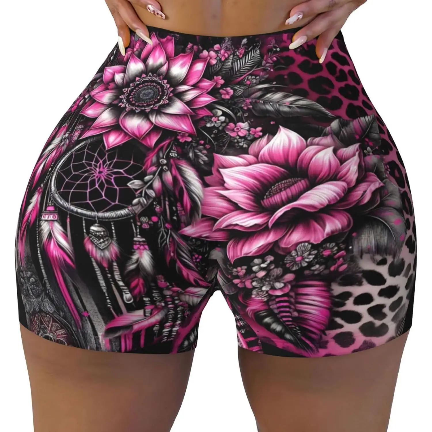 กางเกงขาสั้นออกกำลังกายพิมพ์ลายดอกทานตะวันสีชมพูสไตล์ตะวันตก กางเกงขาสั้นออกกำลังกายเอวสูงสำหรับผู้หญิง กางเกงขาสั้นโยคะแบบยืด