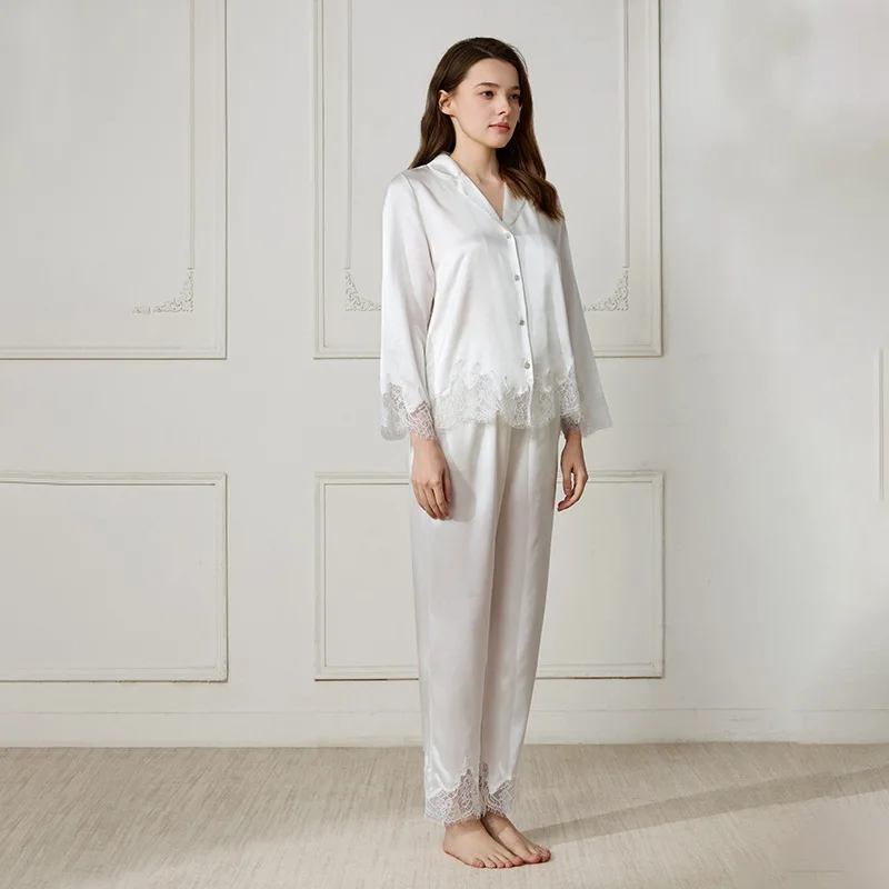19 Momme 100% Mulberry Silk Pajama Set Women Lace Trim Long Sleeve Lapel Button Down Sleepwear 2 Piece Solid Luxury Loungewear